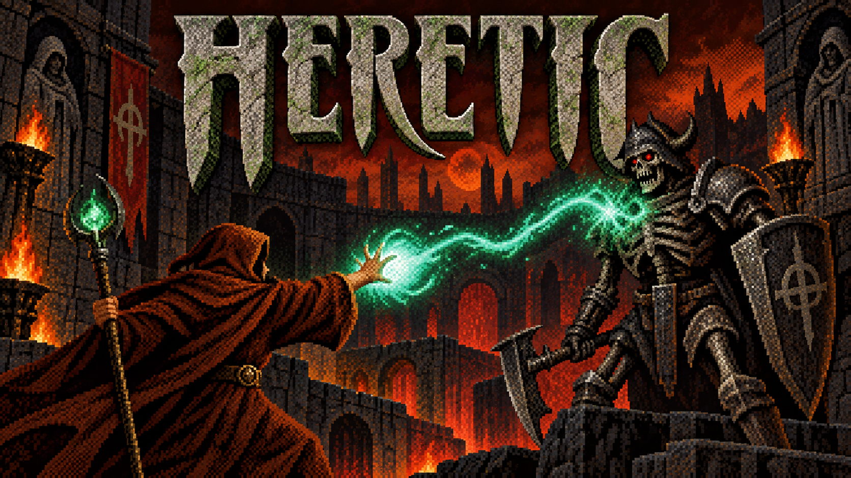 Retro Heretic-inspired title screen with chipped stone lettering, a hooded spellcaster and an armoured skeleton amid green magic and firelit ruins