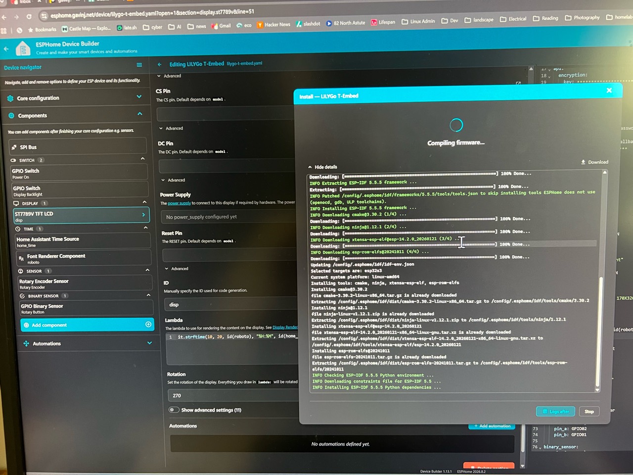 ESPHome Device Builder compiling firmware for the LILYGO T-Embed, with its display and rotary control configuration visible