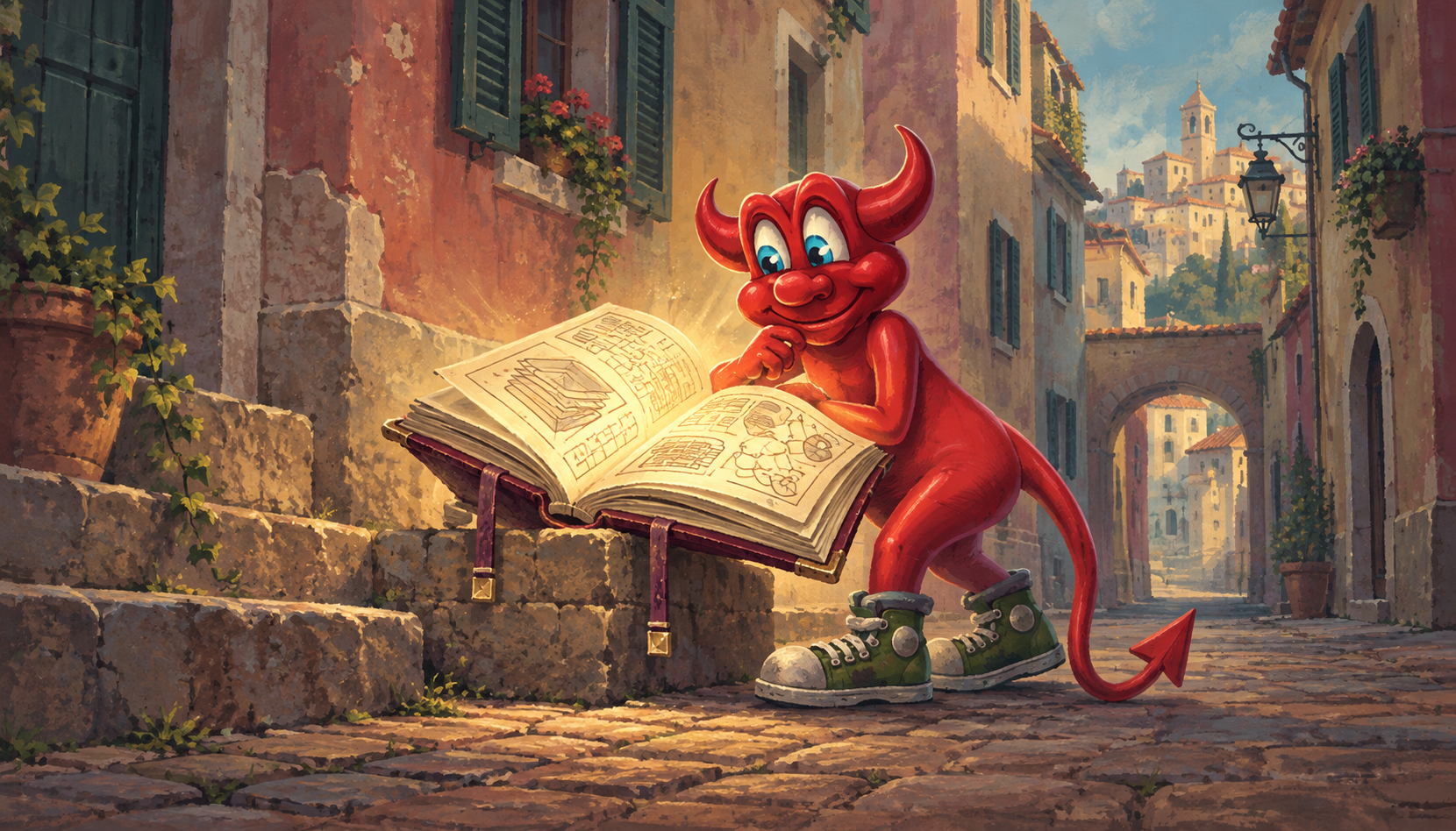 The red FreeBSD daemon studying a glowing book in a sunlit old street