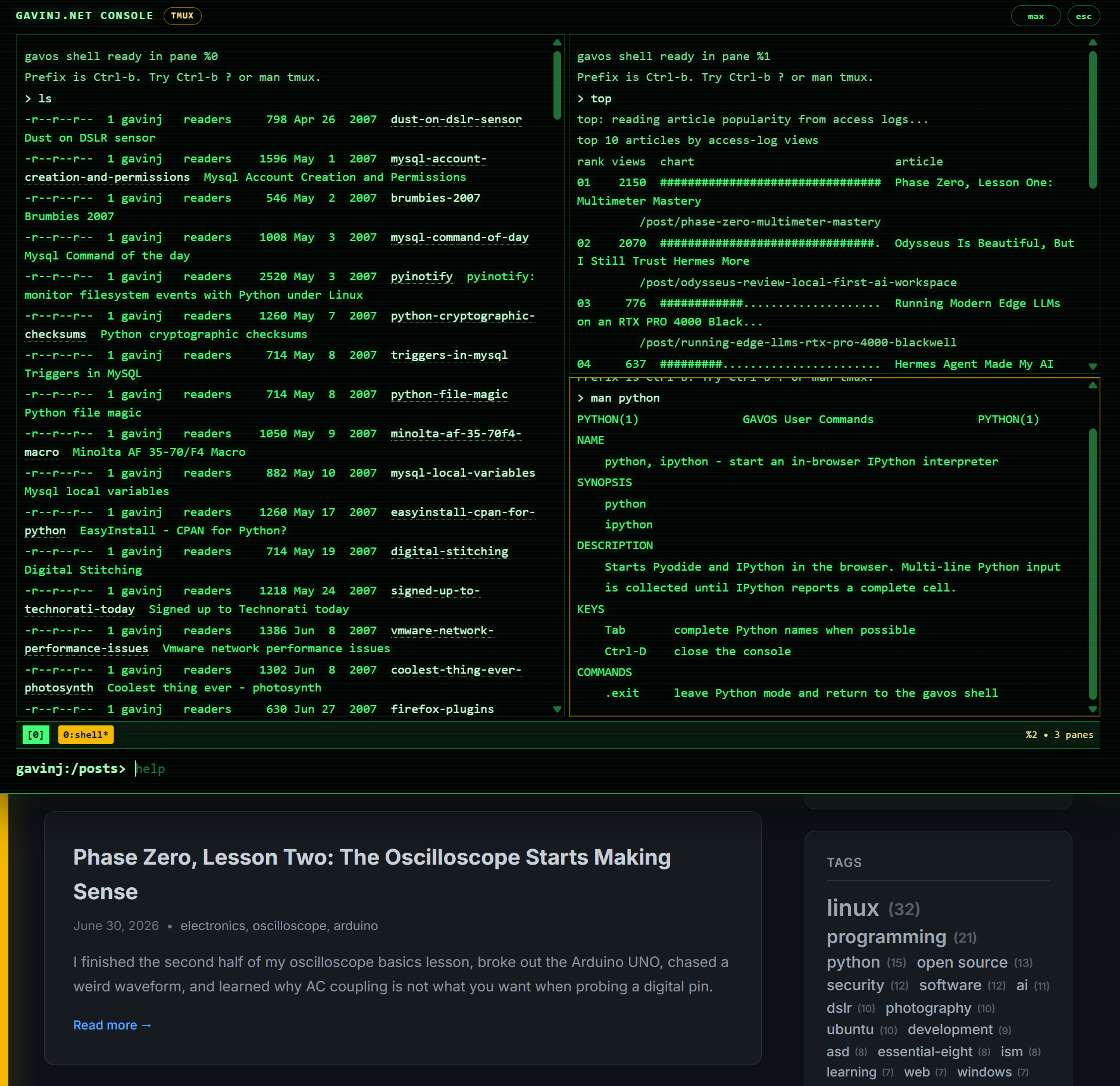 The Gavos console running a tmux session with three panes